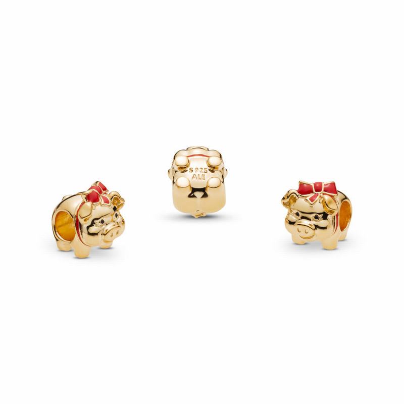 Pandora Shine™ Piggy Bank Charm - 18ct Gold Plated/Enamel/Black - Canada | UA1528JA